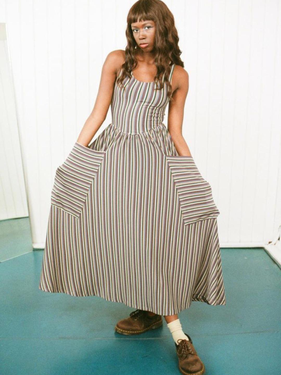 Fashion Brand Company - Giant Pockets Maxi Dress Rainstorm Stripe Rainstorm  - Lucky Sweater
