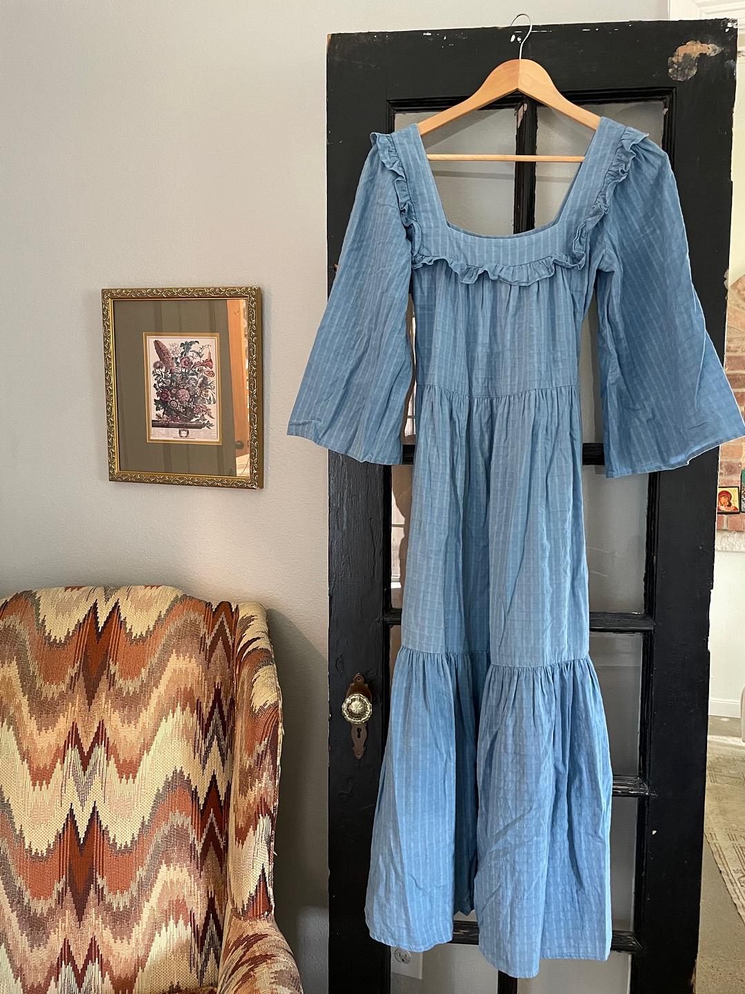 blue gingham dress amazon Square Collar Stripe 1950S Vintage Dress, Blue / M main image 0